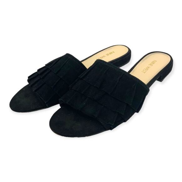 Nine West Black Suede Ruffle Slide Sandal Size 8 - Picture 1 of 7